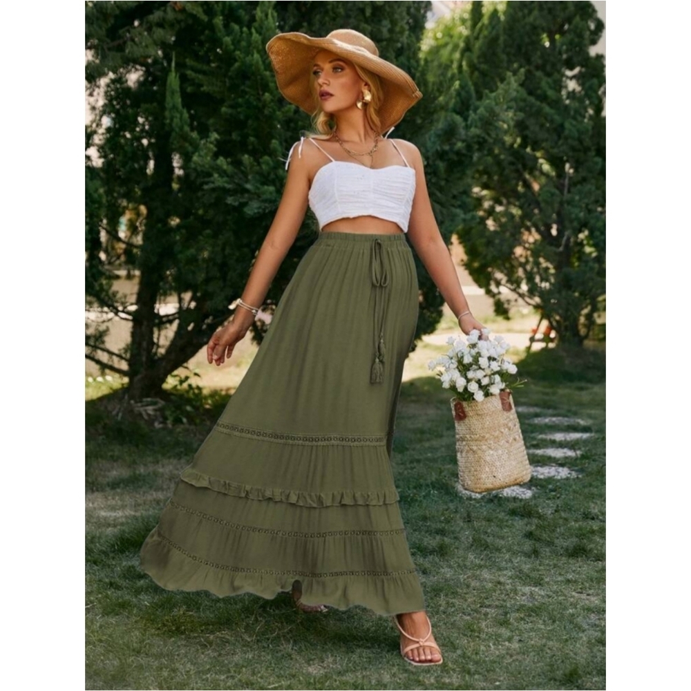 SHEIN | Simplee Casual Vacation Western Style Loose Flounce Hem Skirt, Green - Picture 5 of 10
